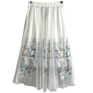 Moon Collection y2k Floral Embroidered Tulle Midi Skirt M L